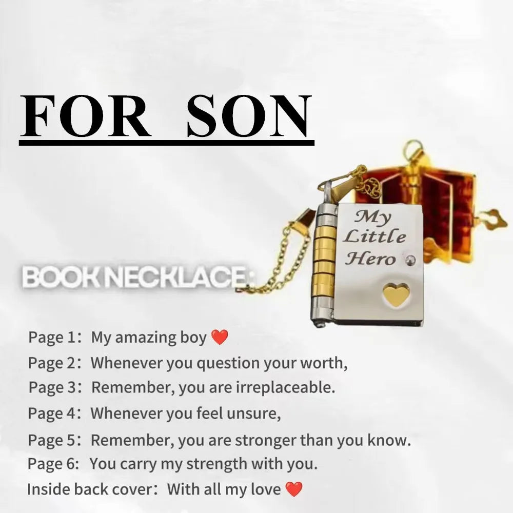 My Champion Openable Book Necklace for Son – “My Little Hero” Engraved Pendant | Birthday, Graduation, or Special Gift for Boys