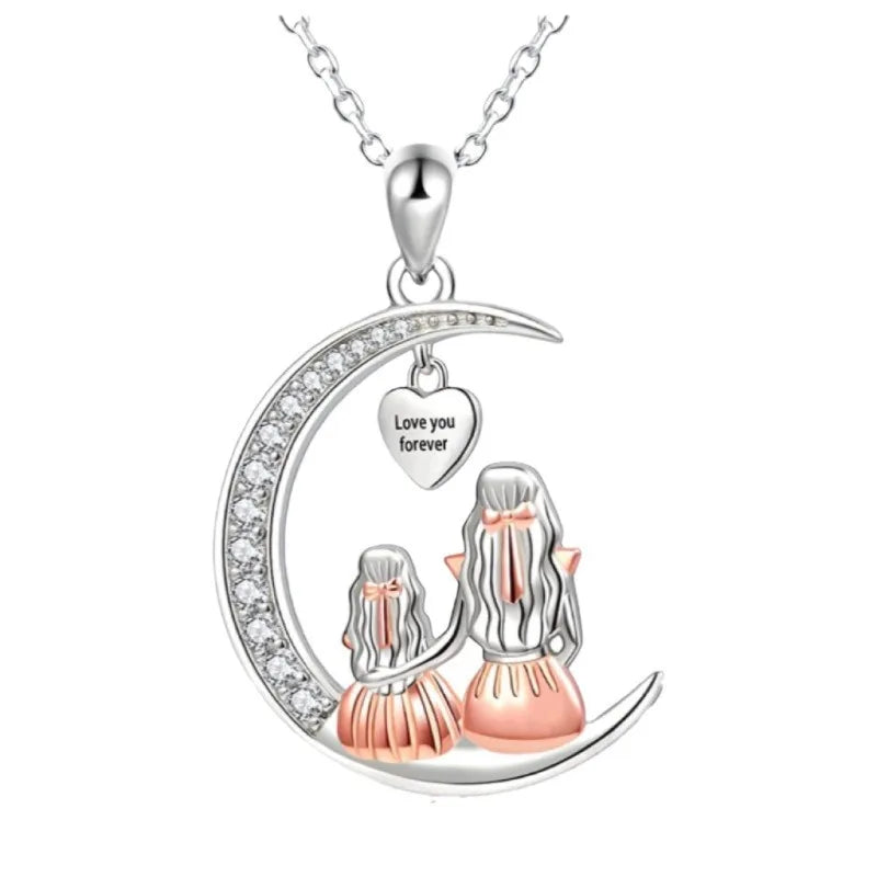 Mom and Daughter Moon Pendant Necklace – “Love You Forever” Heart Necklace | Meaningful Mother’s Day, Birthday, or Christmas Gift for Mom or Daught