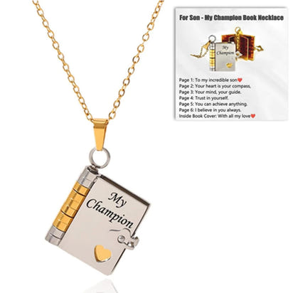 My Champion Openable Book Necklace for Son – “My Little Hero” Engraved Pendant | Birthday, Graduation, or Special Gift for Boys