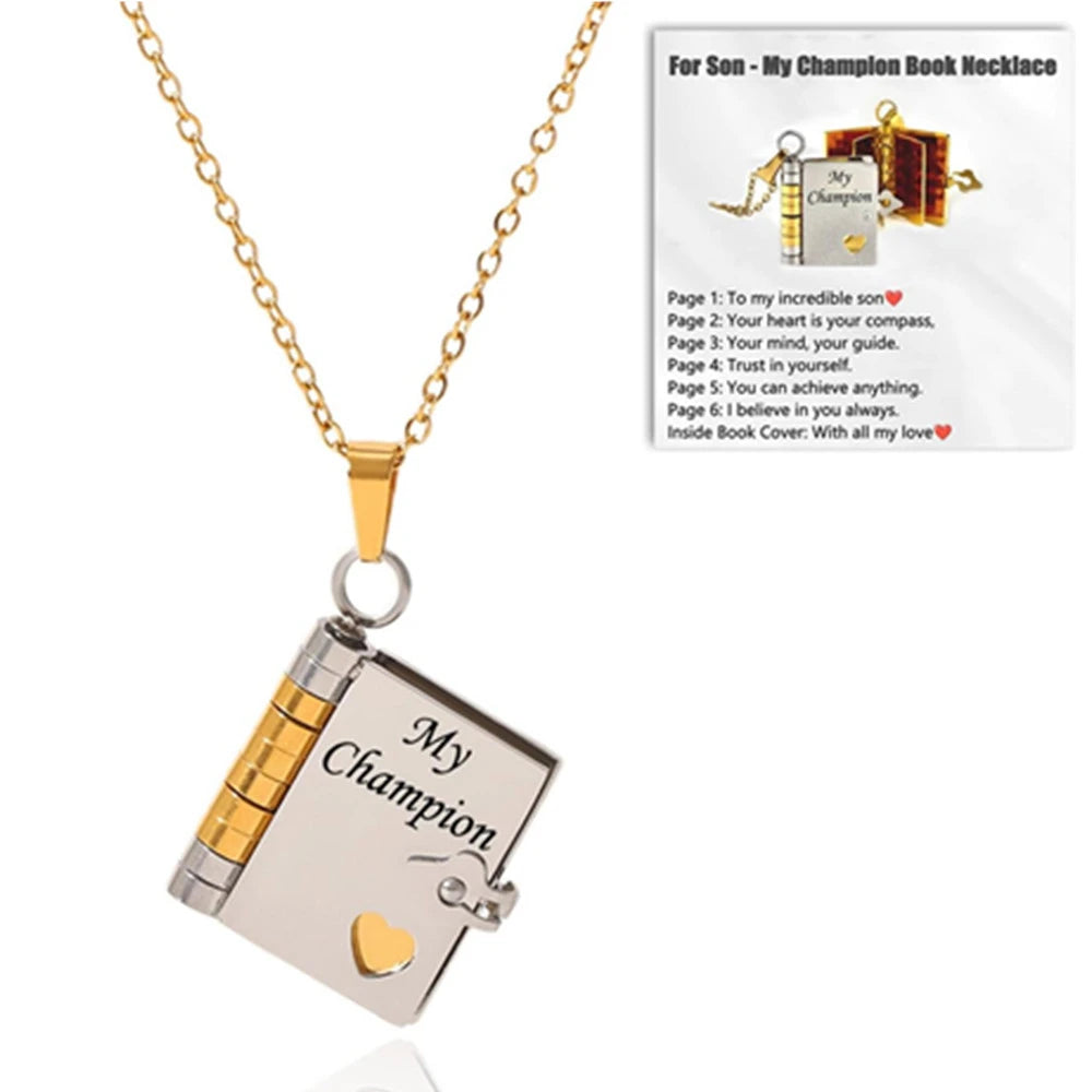 My Champion Openable Book Necklace for Son – “My Little Hero” Engraved Pendant | Birthday, Graduation, or Special Gift for Boys