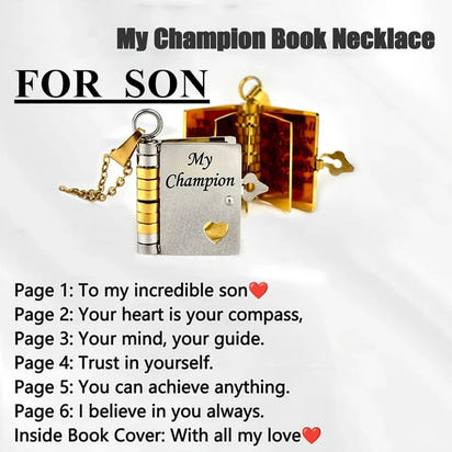 My Champion Openable Book Necklace for Son – “My Little Hero” Engraved Pendant | Birthday, Graduation, or Special Gift for Boys