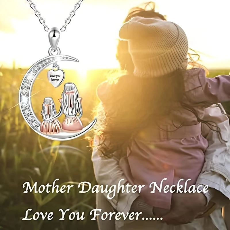 Mom and Daughter Moon Pendant Necklace – “Love You Forever” Heart Necklace | Meaningful Mother’s Day, Birthday, or Christmas Gift for Mom or Daught