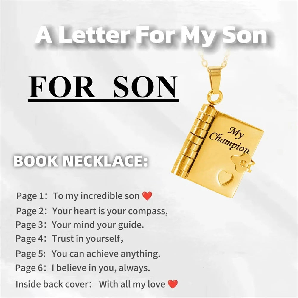 My Champion Openable Book Necklace for Son – “My Little Hero” Engraved Pendant | Birthday, Graduation, or Special Gift for Boys